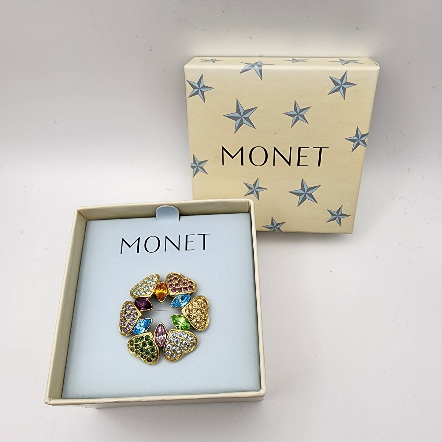 Monet  Round Hearts Rhinestone Brooch