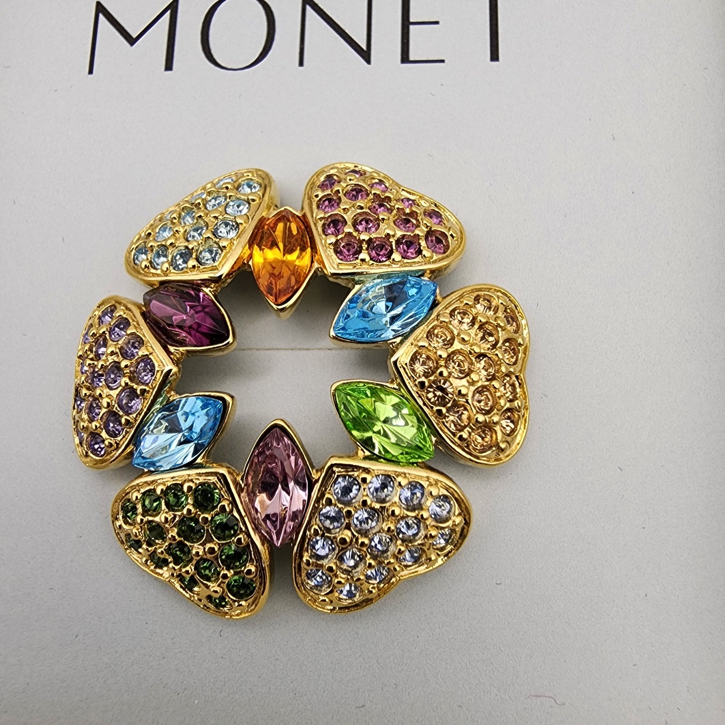 Monet  Round Hearts Rhinestone Brooch