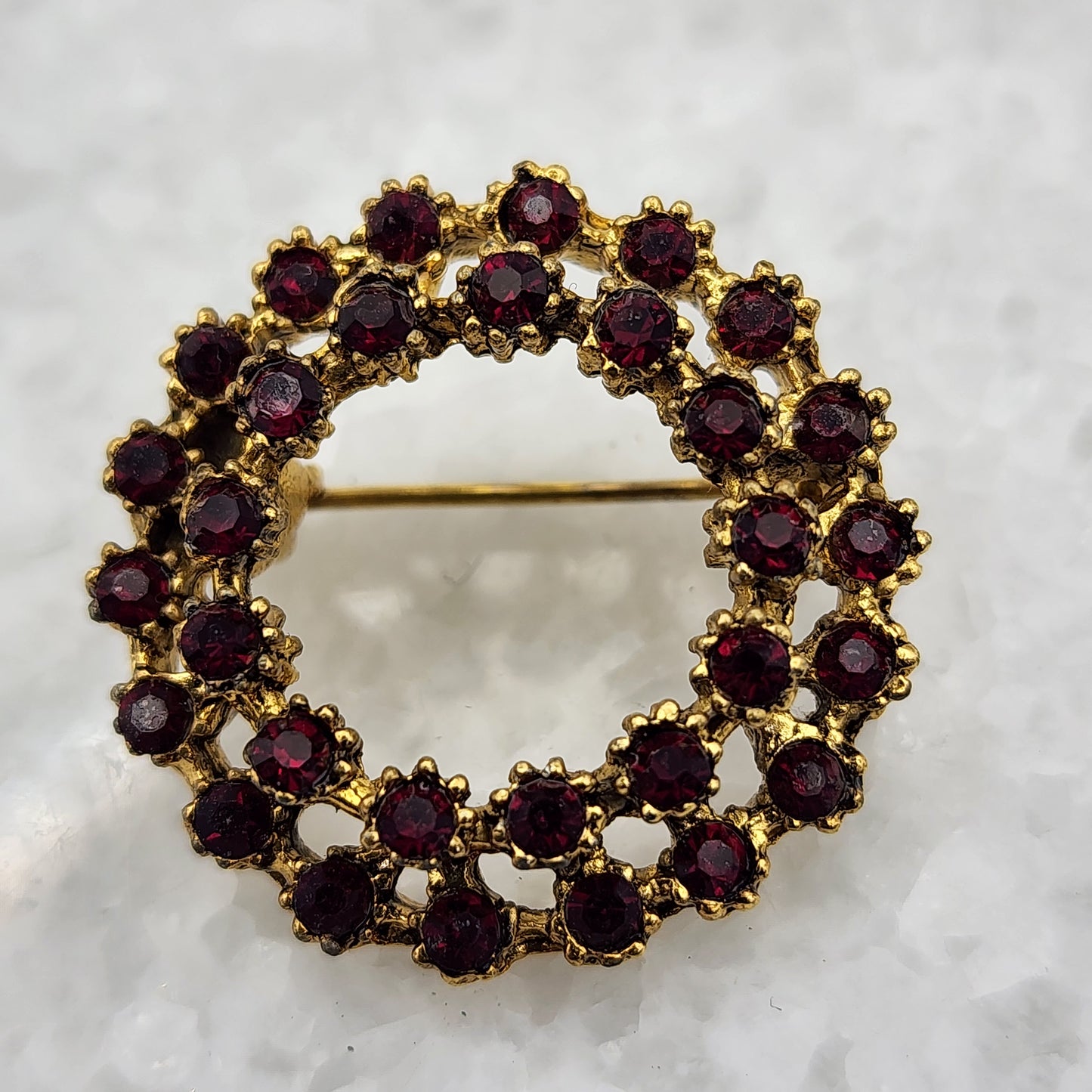 Vintage Red Rhinestone Circle Brooch