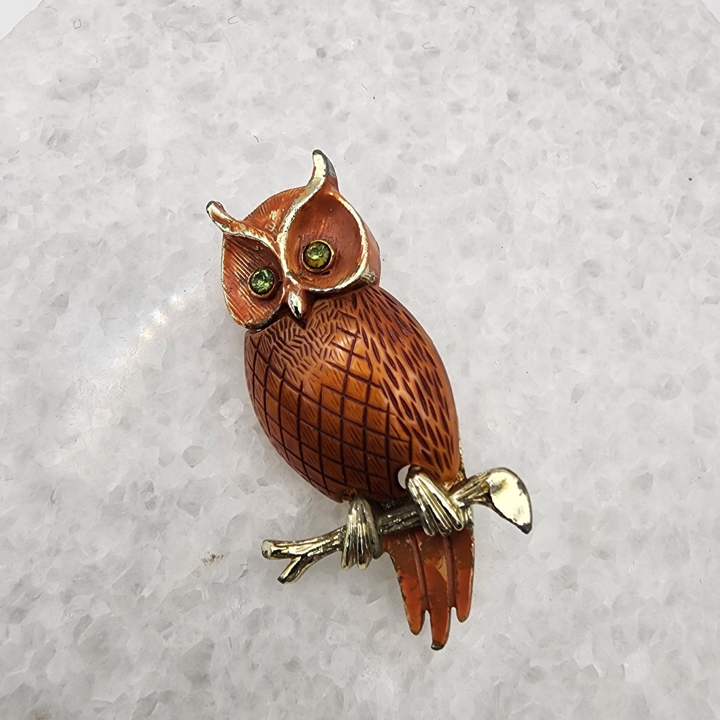 Vintage Enameled Owl on Branch Brooch