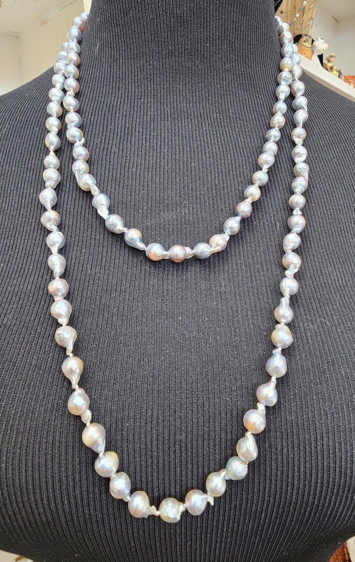 Tahitian South Seas Silver Blue Baroque Pearl Necklace 48"