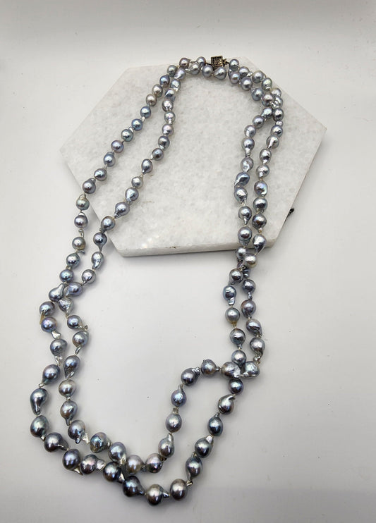 Tahitian South Seas Silver Blue Baroque Pearl Necklace 48"