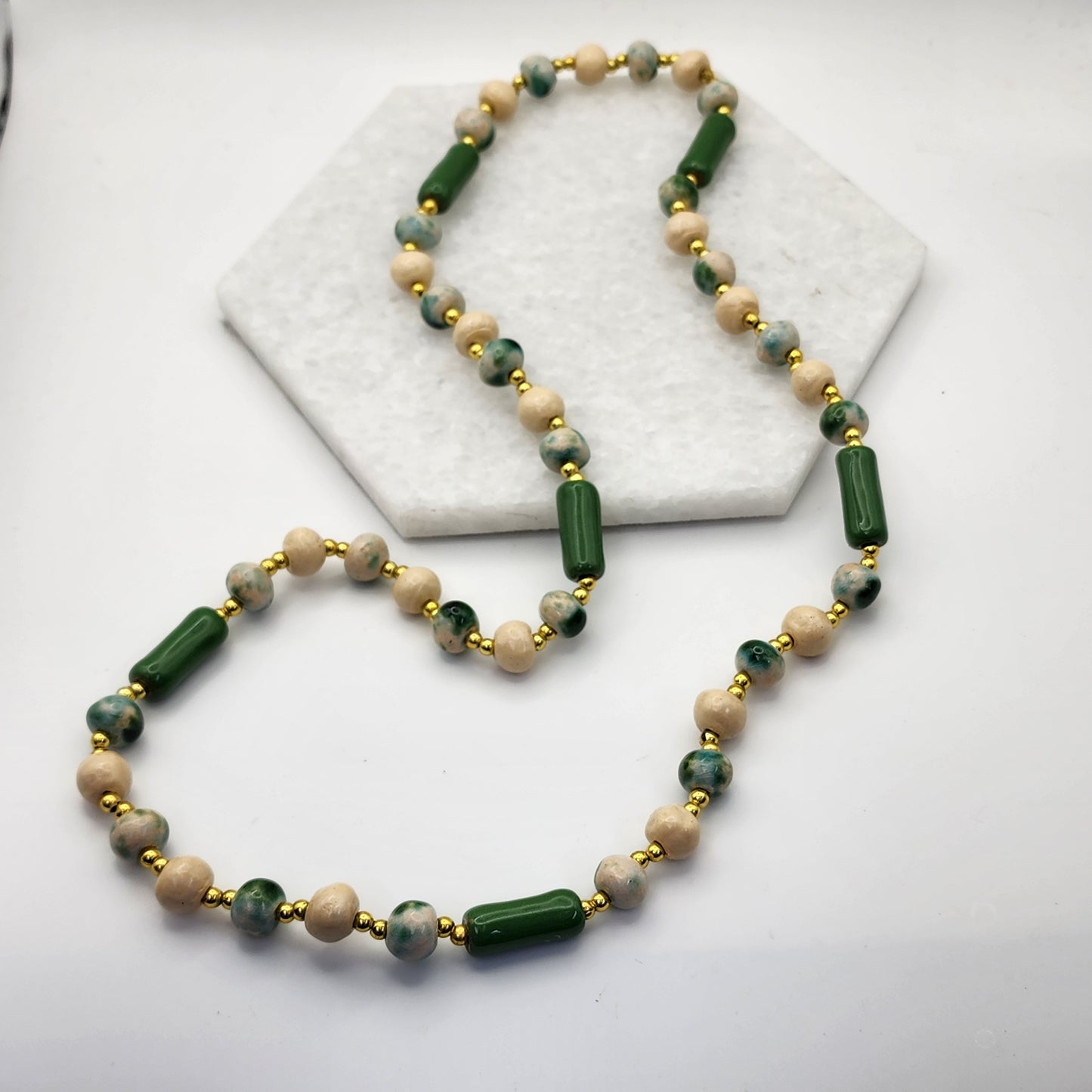 Beaded Faux Jade Necklace 28"