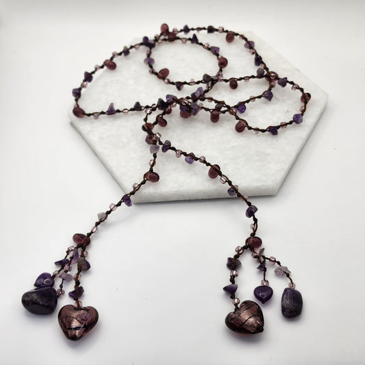 Lariat Necklace with Amethyst and Jade BEads Dichroic Glass Hearts