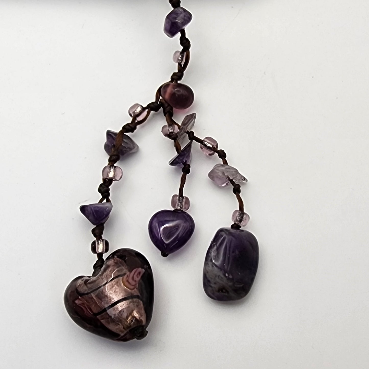 Lariat Necklace with Amethyst and Jade BEads Dichroic Glass Hearts