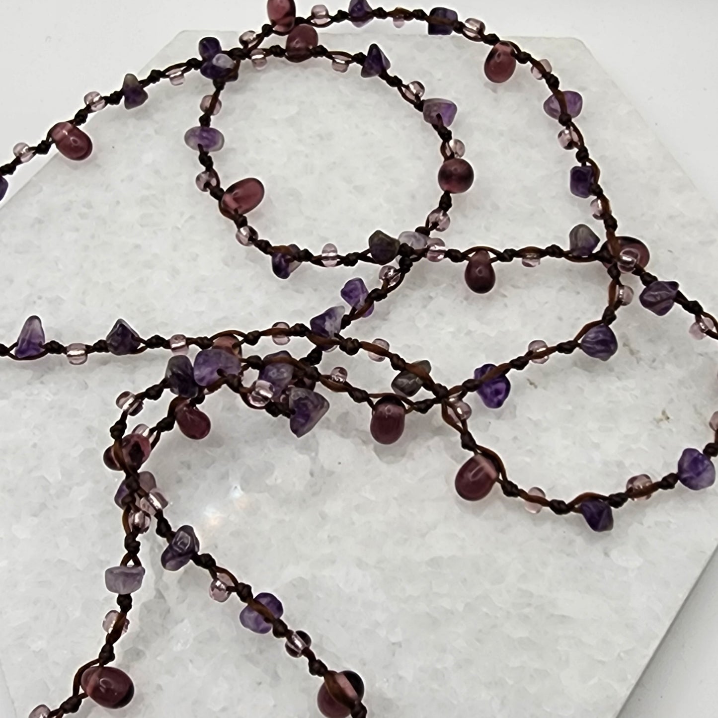 Lariat Necklace with Amethyst and Jade BEads Dichroic Glass Hearts