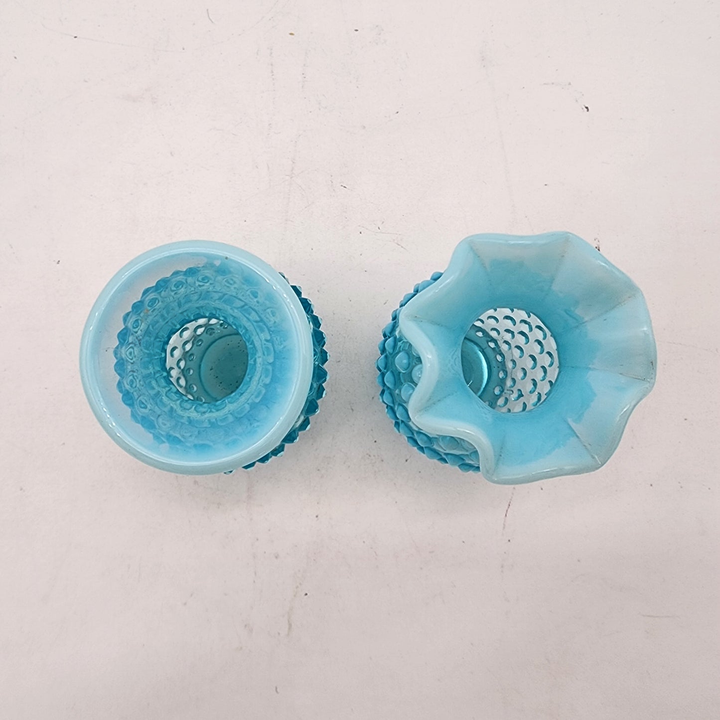 Pair of Fenton Blue Opalescent Hobnail Vases