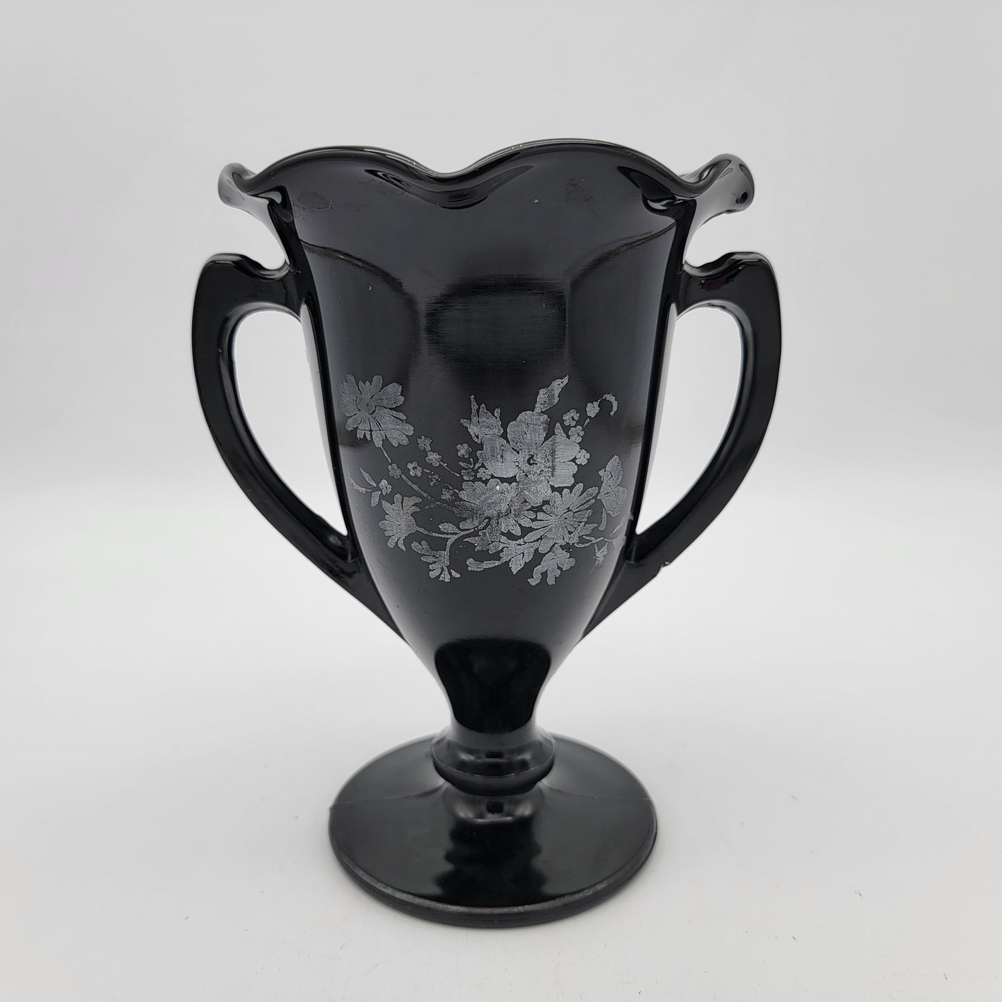 LE Smith Black Glass Trophy Vase