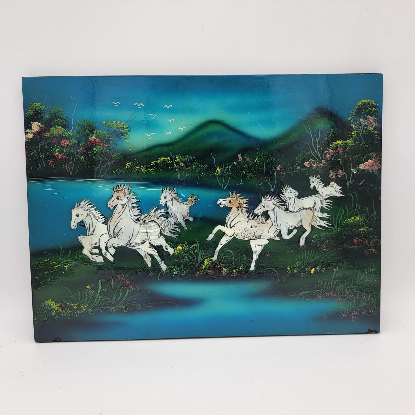 Vintage Mother of Pearl Lacquer Horses Panel