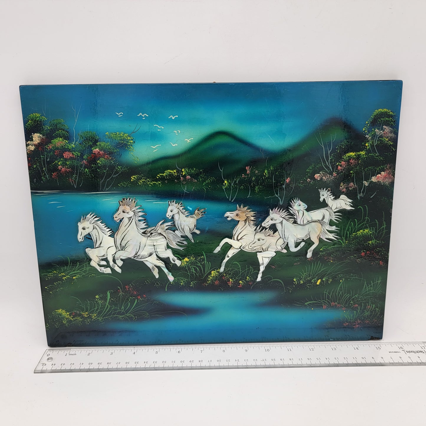 Vintage Mother of Pearl Lacquer Horses Panel