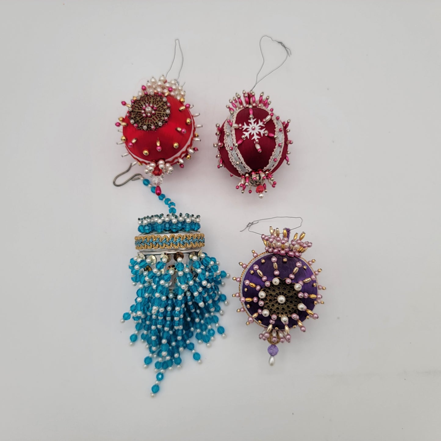 Set of 4 Vintage Beaded Ornaments Red Blue Purple