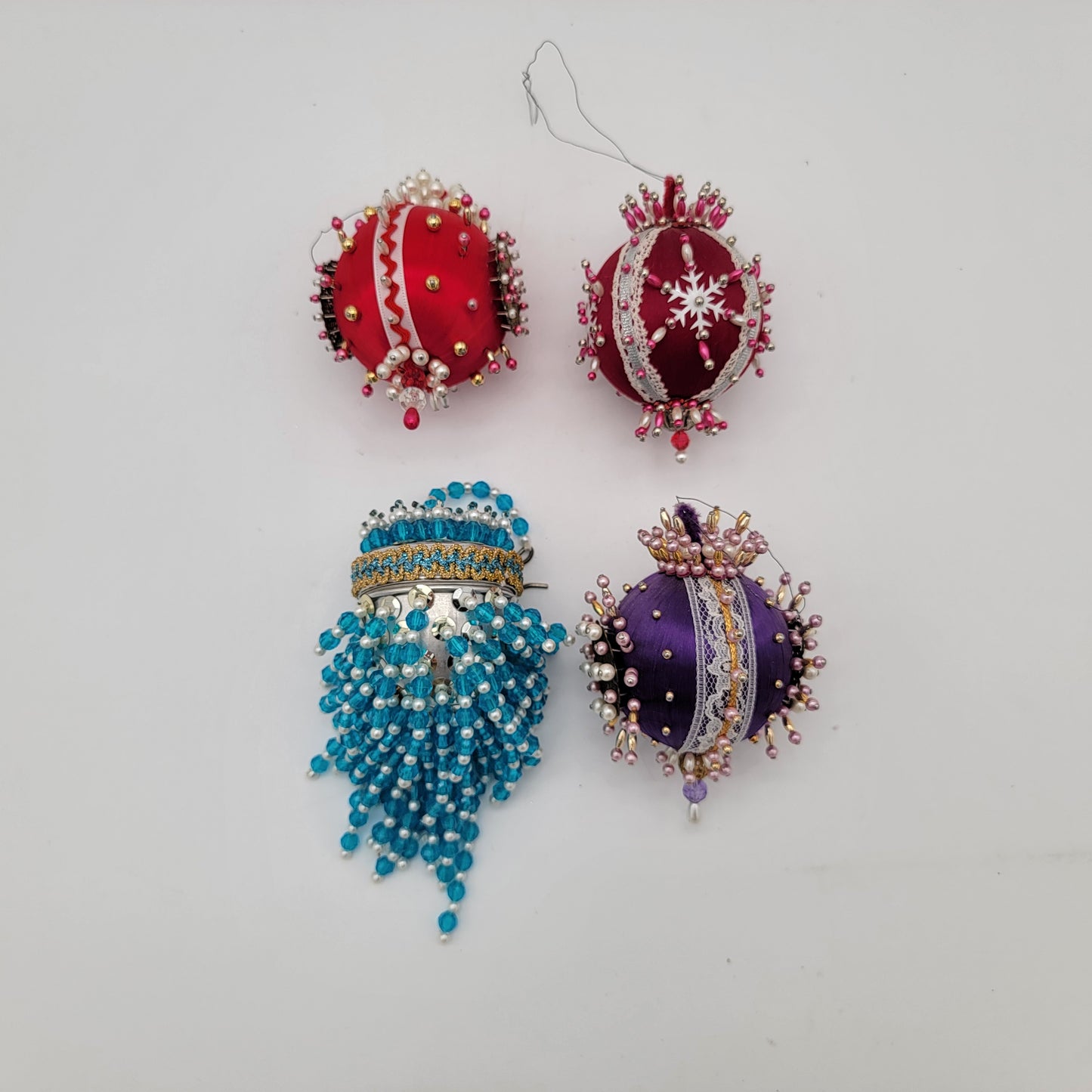 Set of 4 Vintage Beaded Ornaments Red Blue Purple