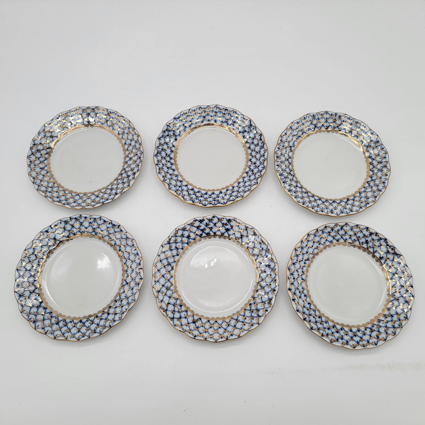 Set of 6 Imperial Lomonosov 22K Gold Cobalt Net Russian Bread or Dessert Plates