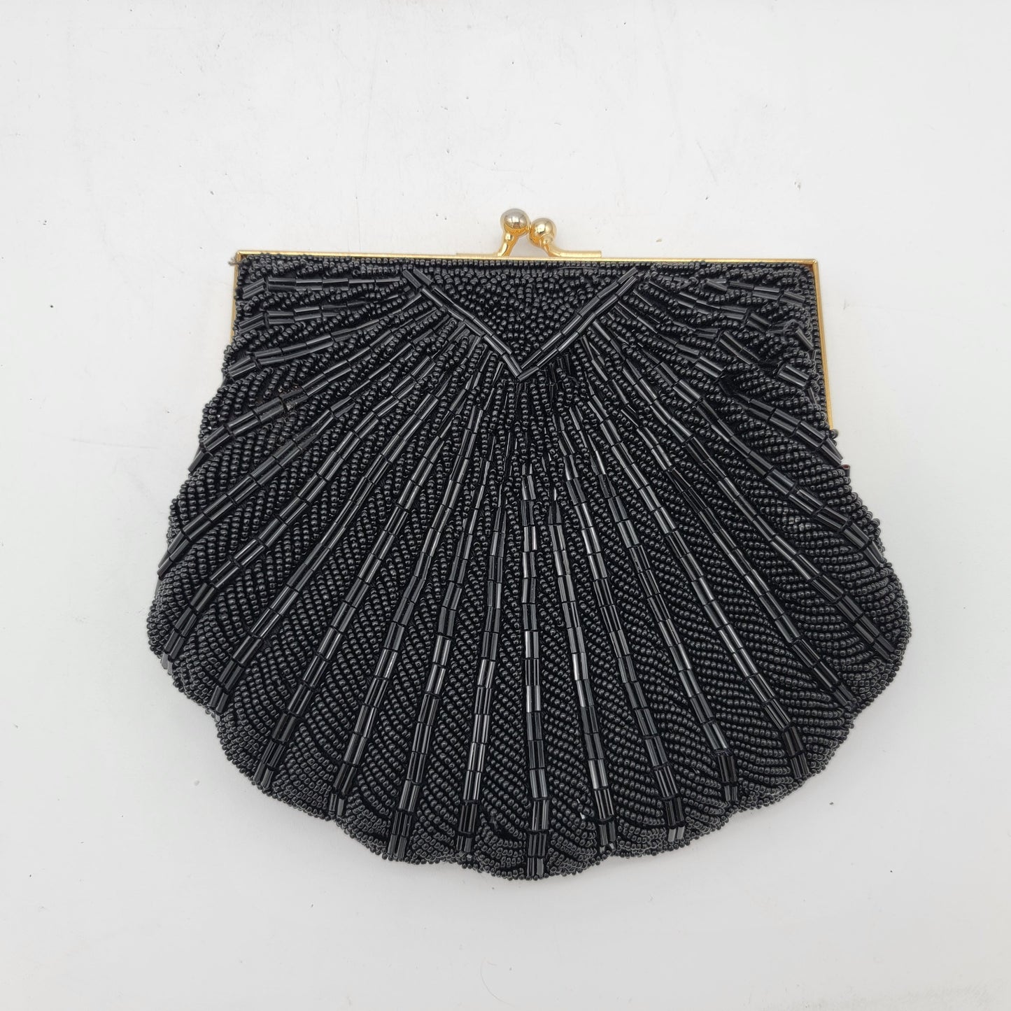 Black Beaded Clamshell Handbag Purse