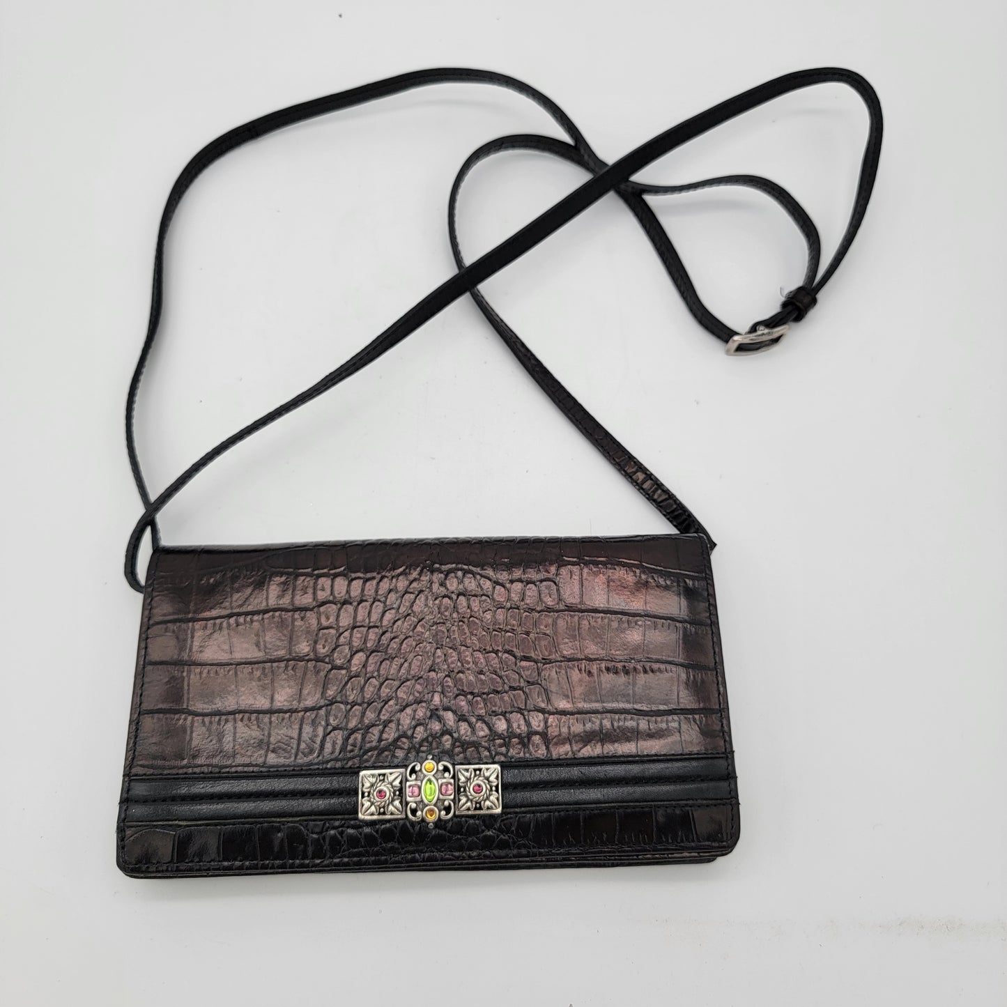 Brighton Black Faux Croc Embossed Leather Organizer Crossbody Wallet Purse