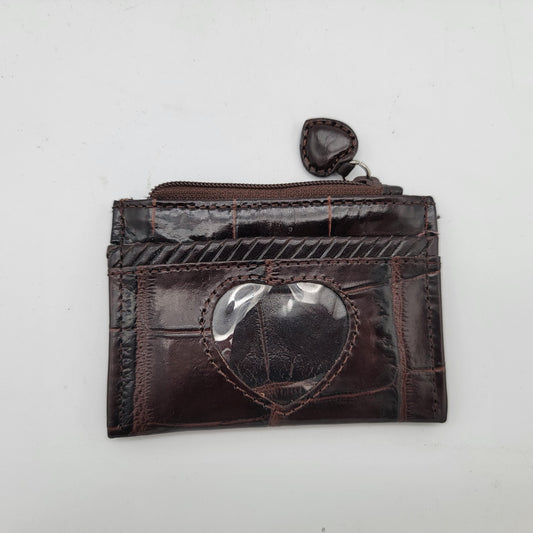 Vintage BRIGHTON Brown Faux Croc Embossed Leather Heart Plastic ID Window Coin Purse