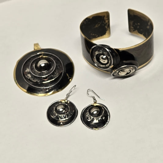 Modernist Mixed Metals Set Cuff Bracelet  Pendant and Earrings