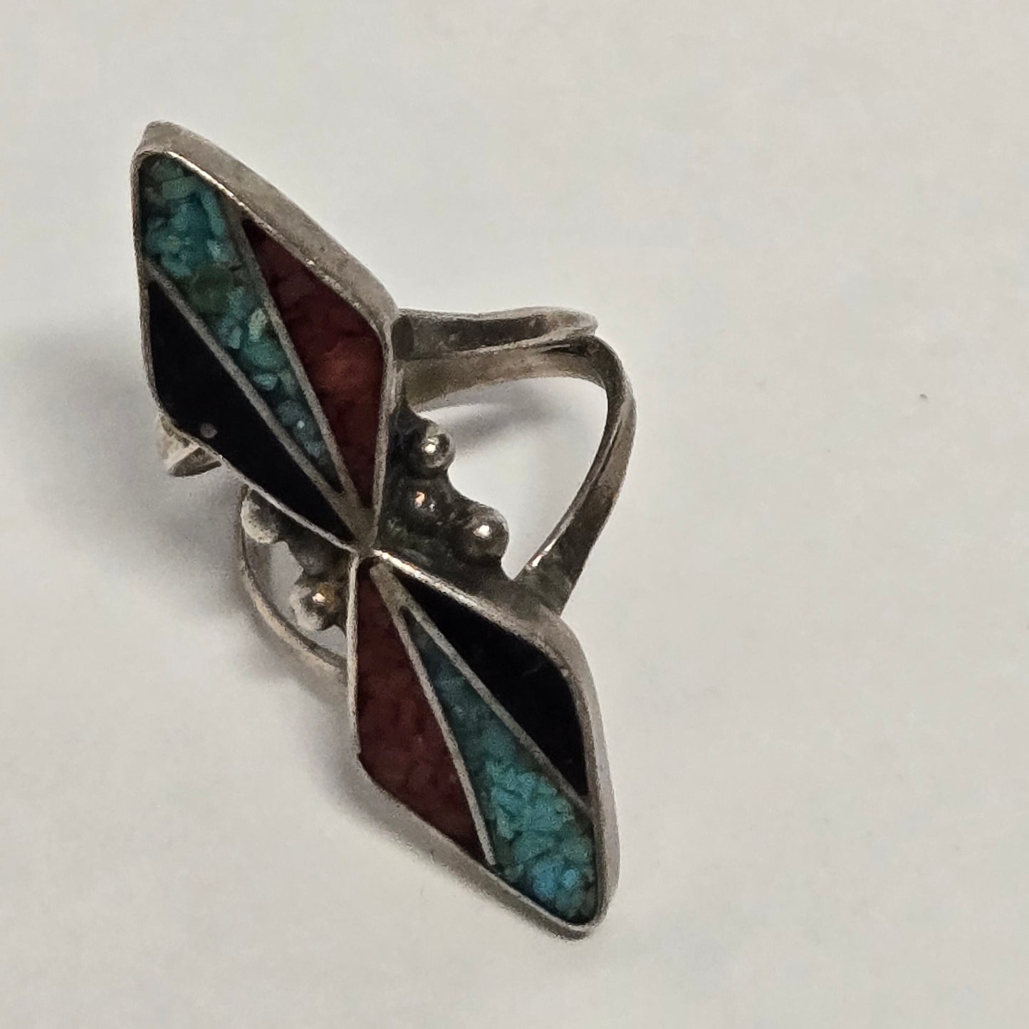 Signed Native American Turquoise Coral Chip Ring