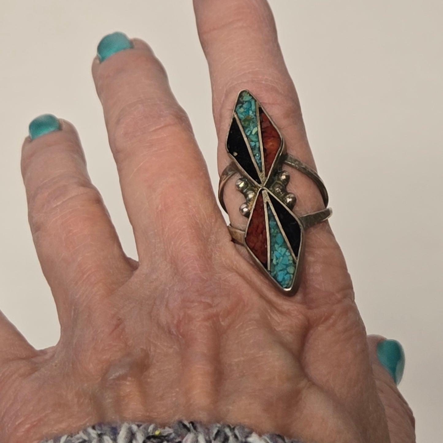 Signed Native American Turquoise Coral Chip Ring