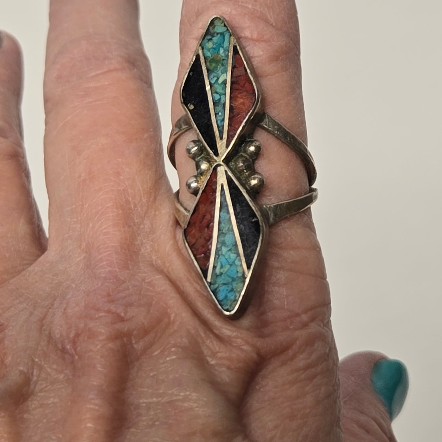 Signed Native American Turquoise Coral Chip Ring