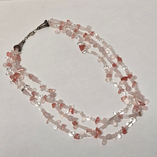 Triple Strand Rose Strawberry Quartz Crystal Necklace