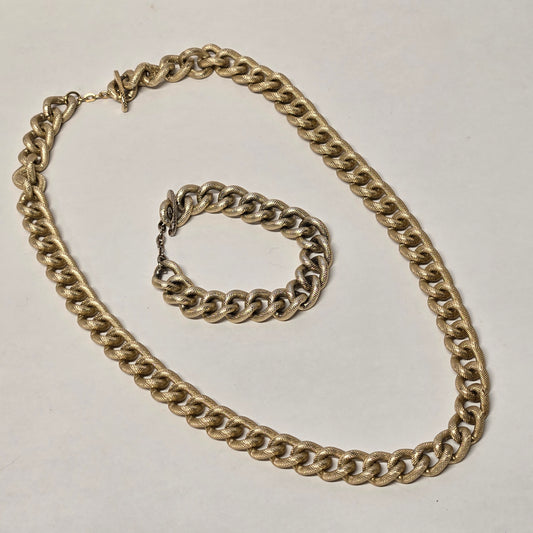 Vintage 1975 AVON Gilded Chunky Textured Curb Chain Toggle Necklace & Bracelet