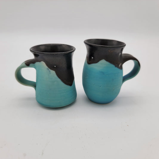 Beautiful Pair of Blue Pottery Small Cups with Brown Drip Glaze