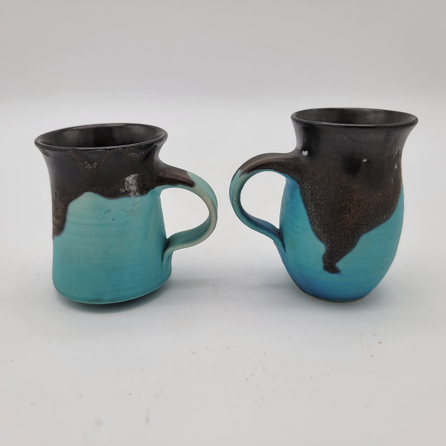 Beautiful Pair of Blue Pottery Small Cups with Brown Drip Glaze