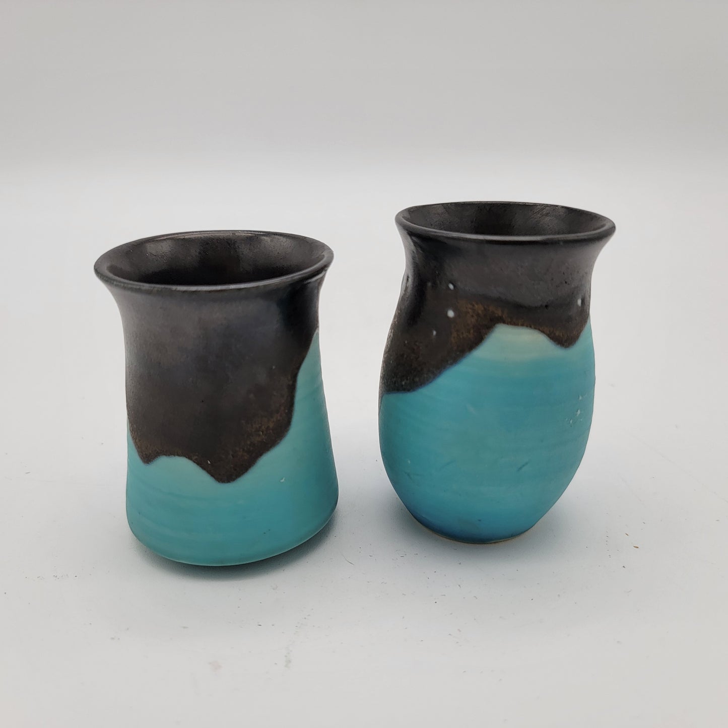 Beautiful Pair of Blue Pottery Small Cups with Brown Drip Glaze