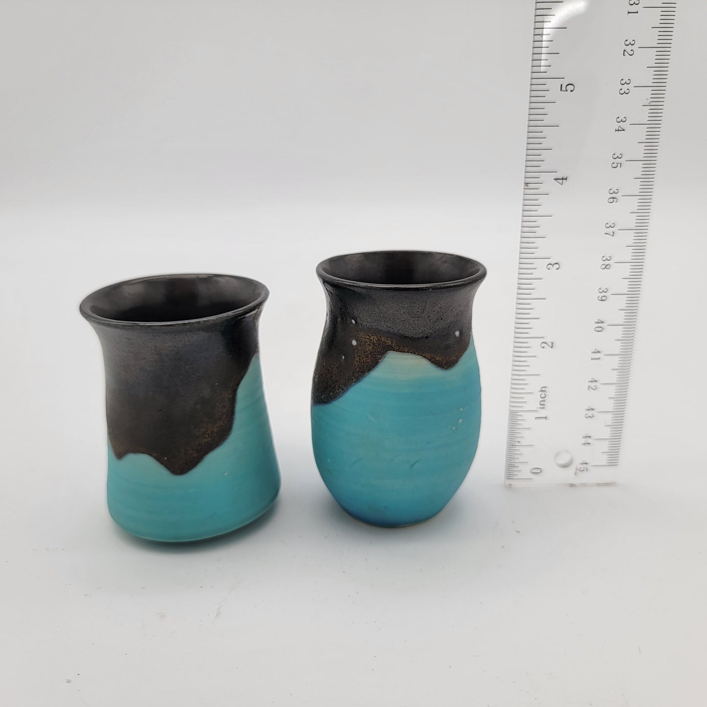 Beautiful Pair of Blue Pottery Small Cups with Brown Drip Glaze