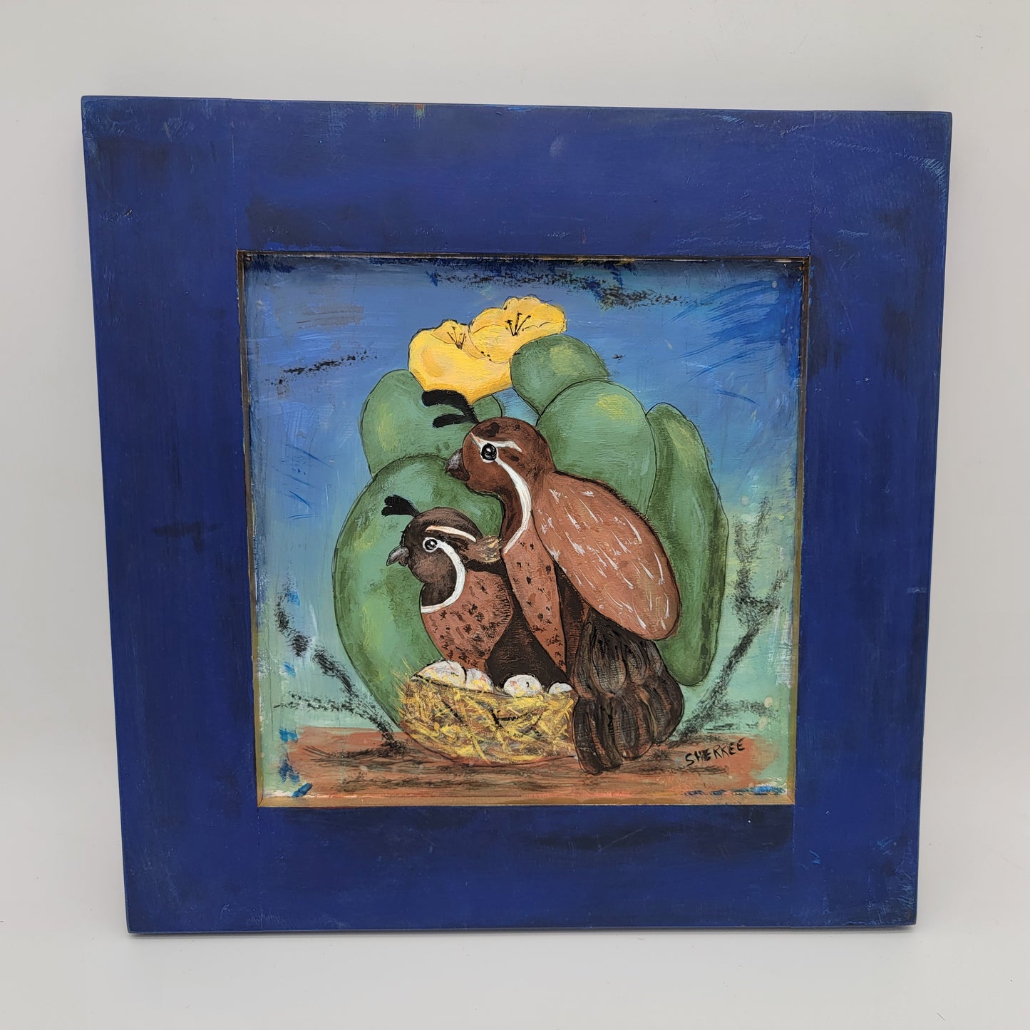 Original Hand Painting of Quails in Blue Wood Frame