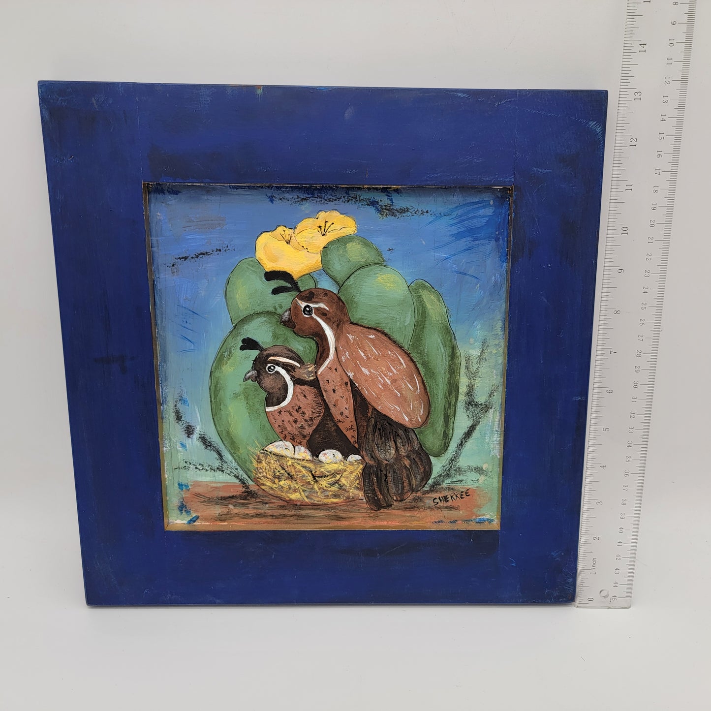 Original Hand Painting of Quails in Blue Wood Frame