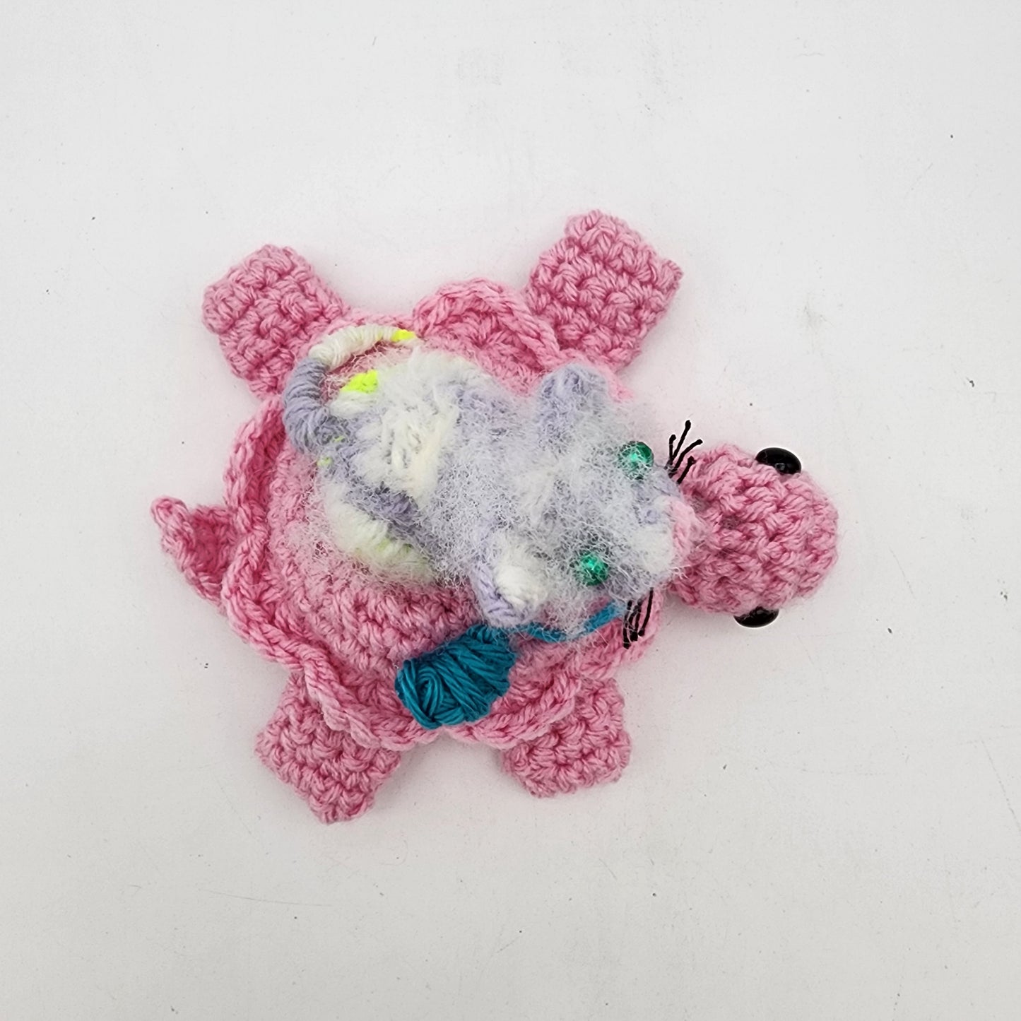 FOR JULEE - Hand Crocheted Turtle Pink with Fuzzy Kitten
