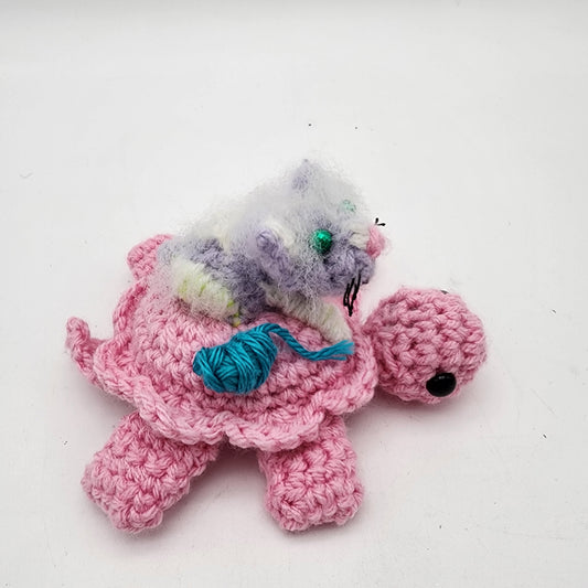 FOR JULEE - Hand Crocheted Turtle Pink with Fuzzy Kitten