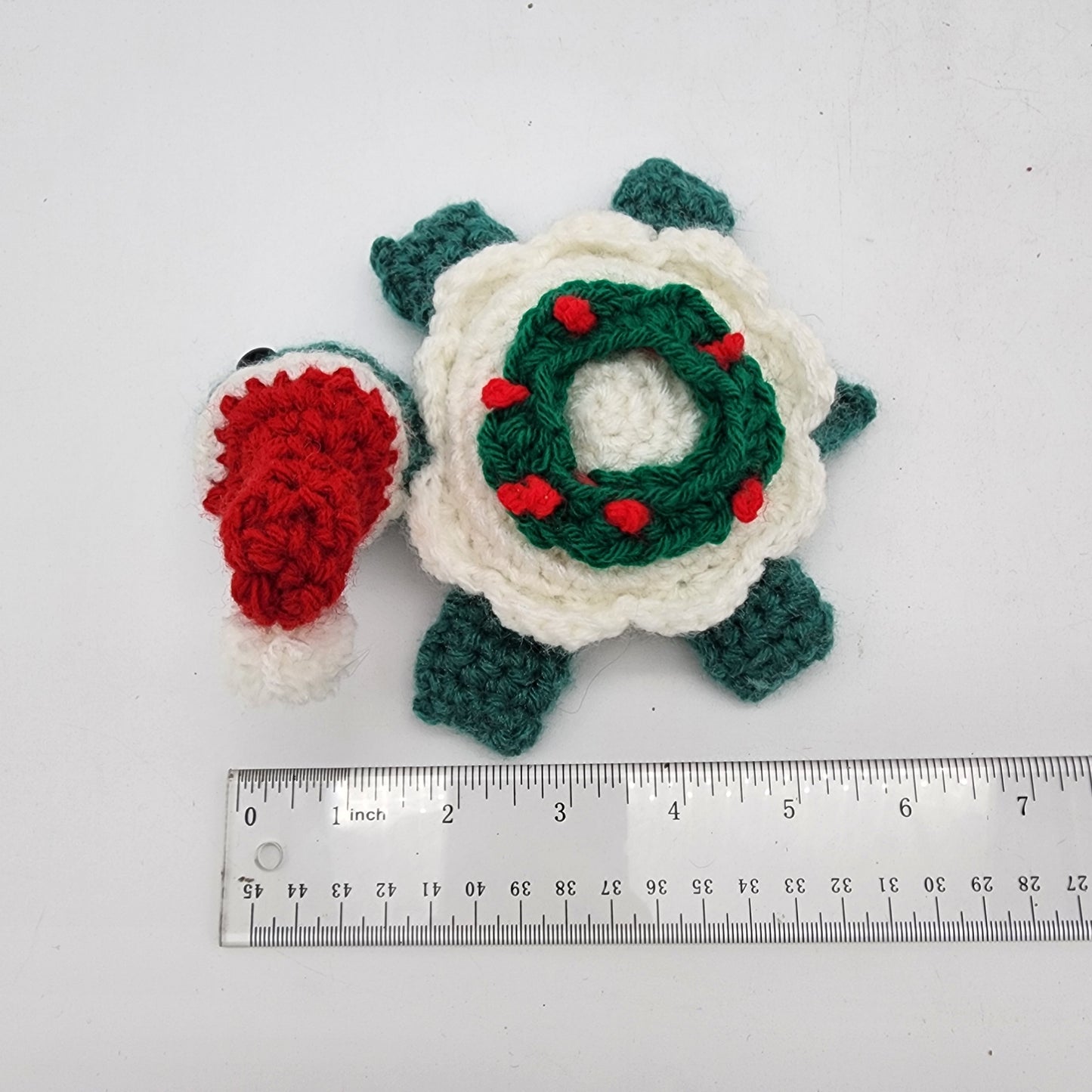Hand Crocheted Turtle Green and White with Wreath and Hat
