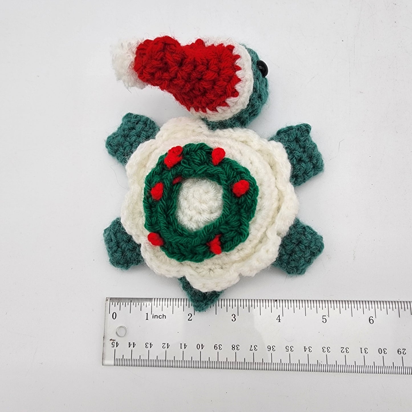 Hand Crocheted Turtle Green and White with Wreath and Hat