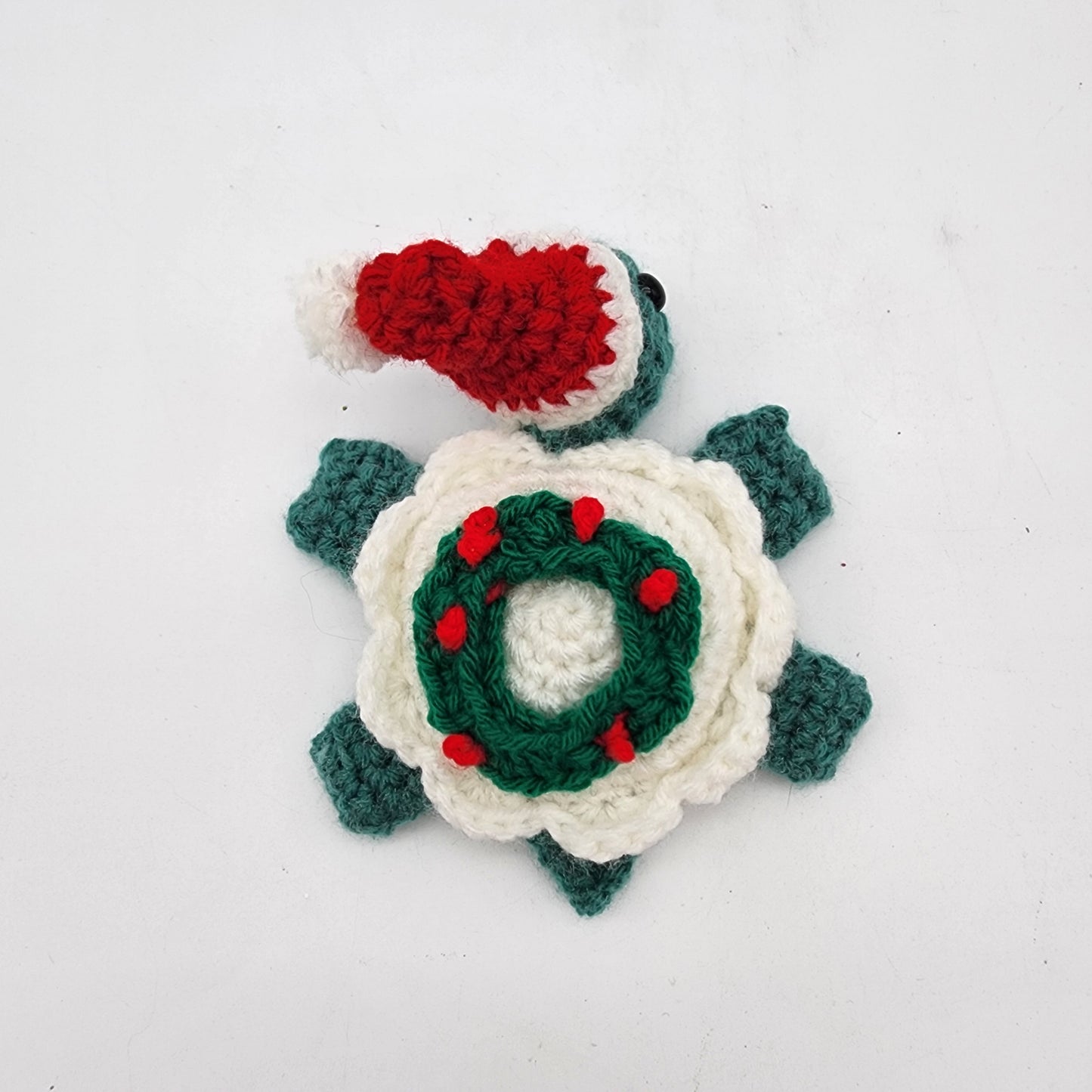 Hand Crocheted Turtle Green and White with Wreath and Hat