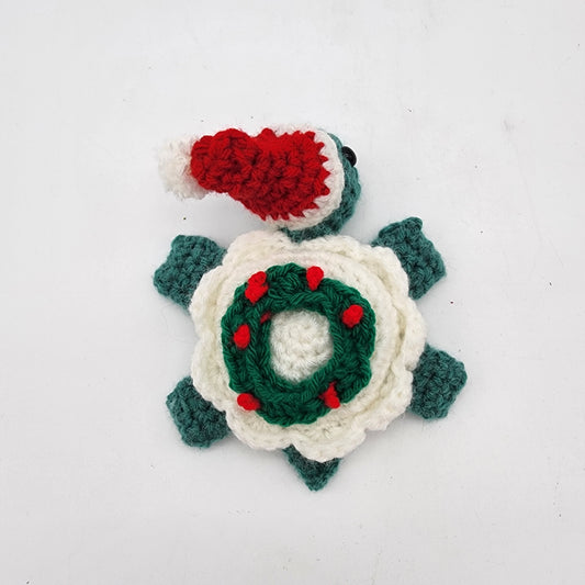 Hand Crocheted Turtle Green and White with Wreath and Hat