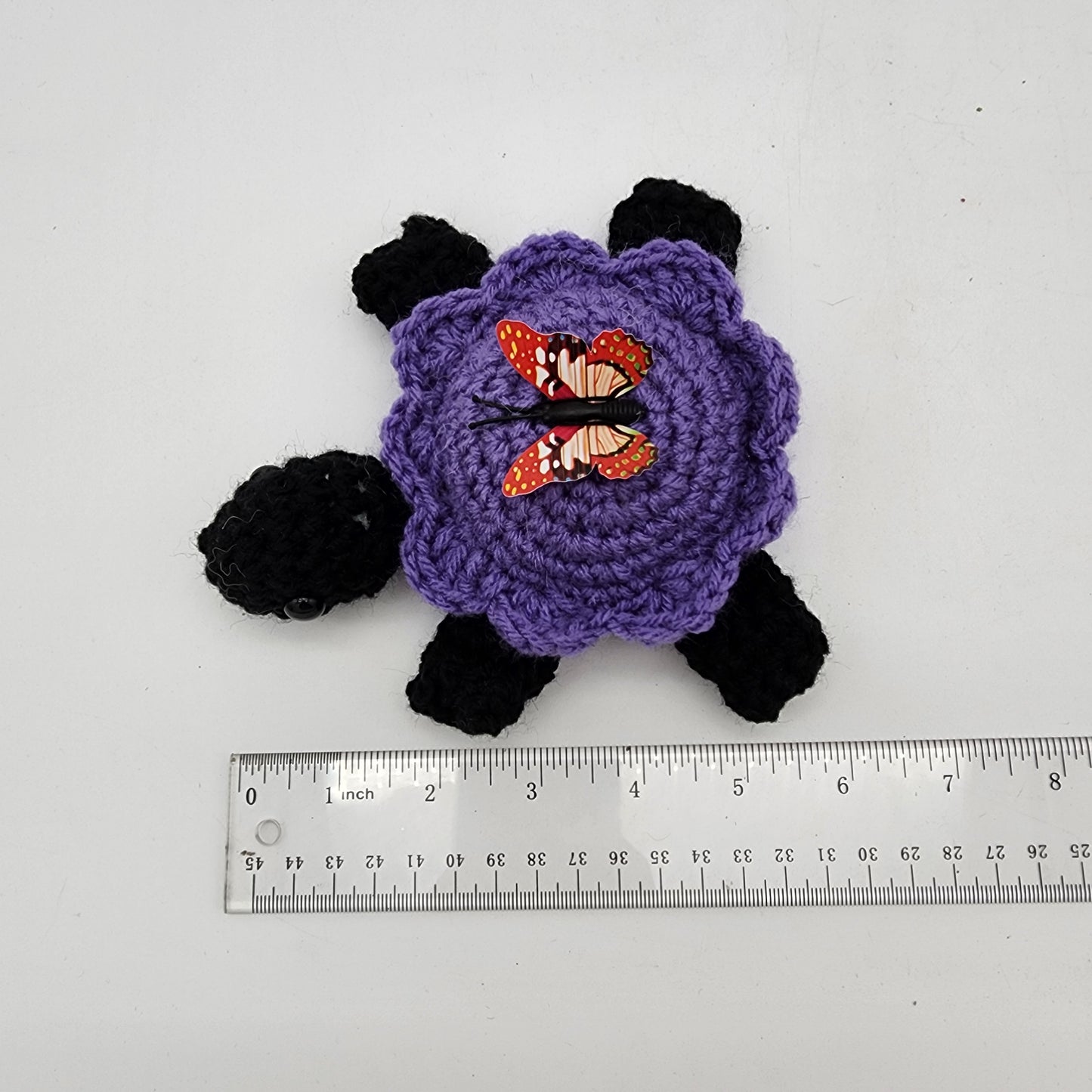Hand Crocheted Turtle Purple with Black Legs Butterfly