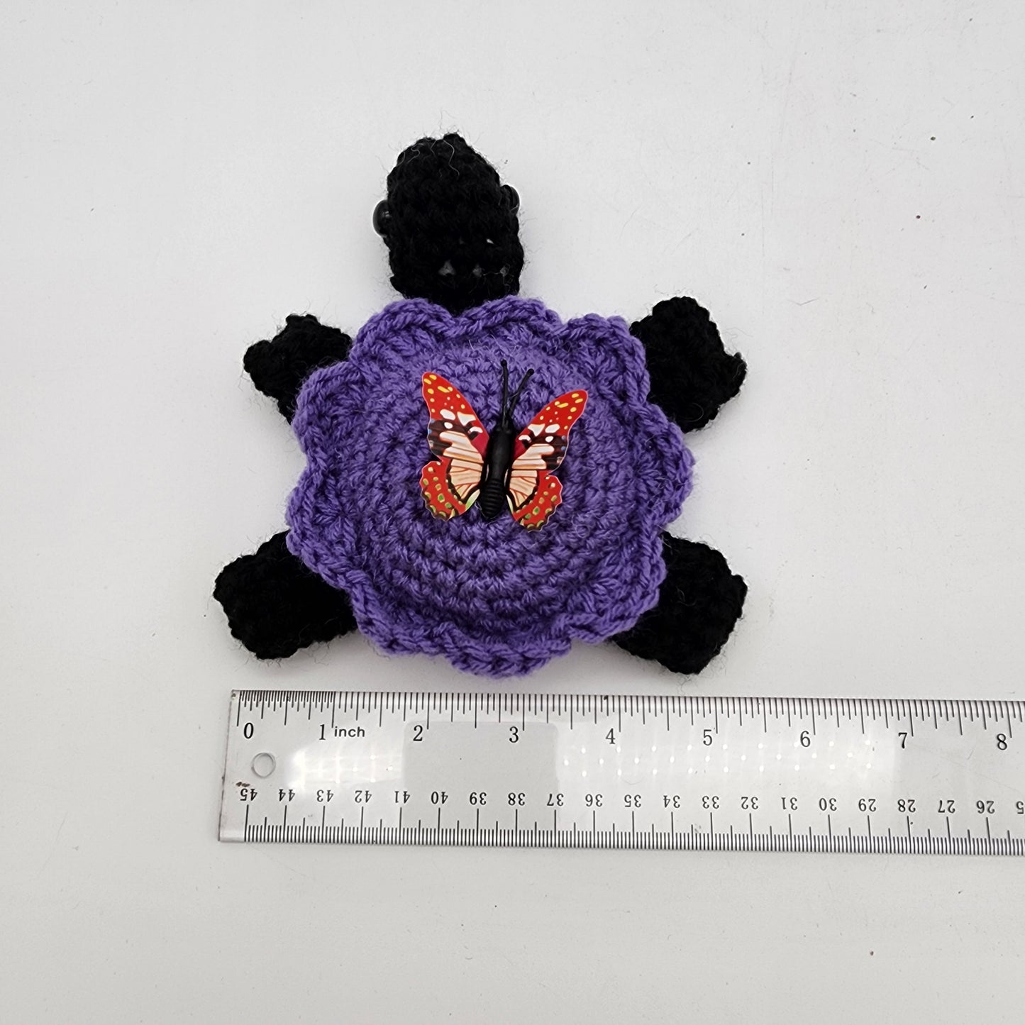 Hand Crocheted Turtle Purple with Black Legs Butterfly