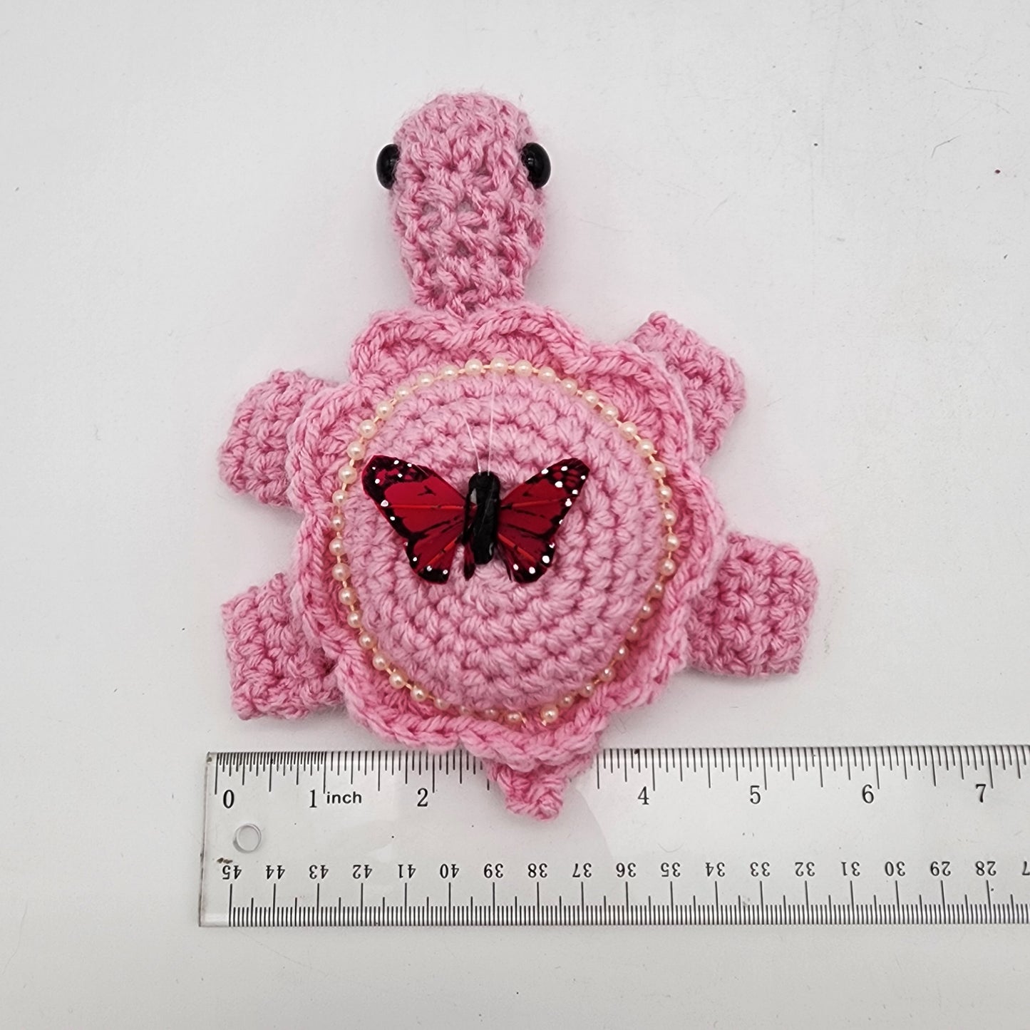 Hand Crocheted Turtle Pink on Pink with Butterfly and Pearls