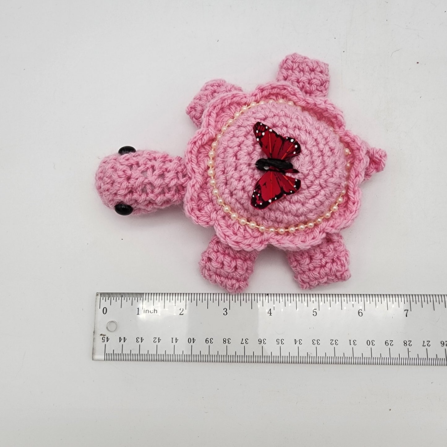 Hand Crocheted Turtle Pink on Pink with Butterfly and Pearls