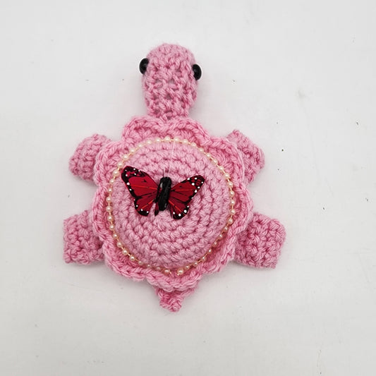 Hand Crocheted Turtle Pink on Pink with Butterfly and Pearls