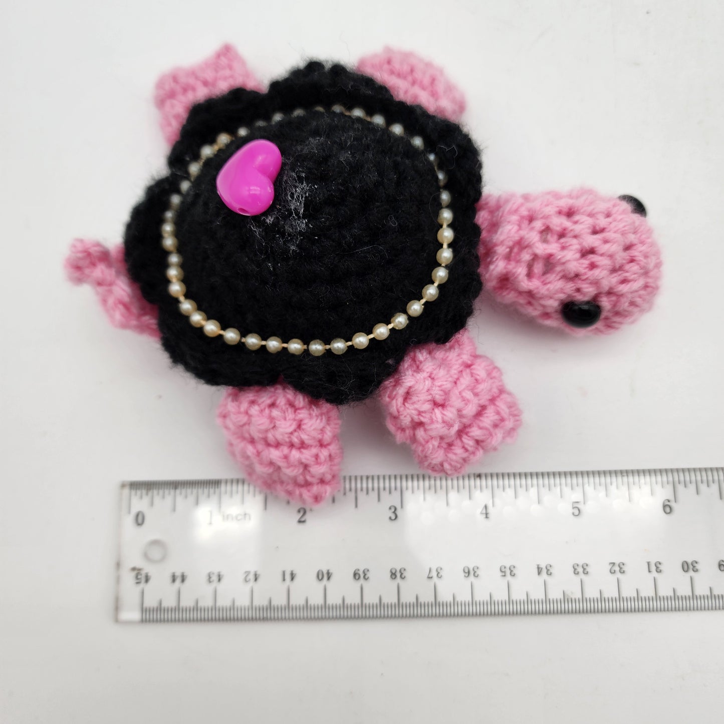 Hand Crocheted Turtle Pink and Black with Pearls and Heart