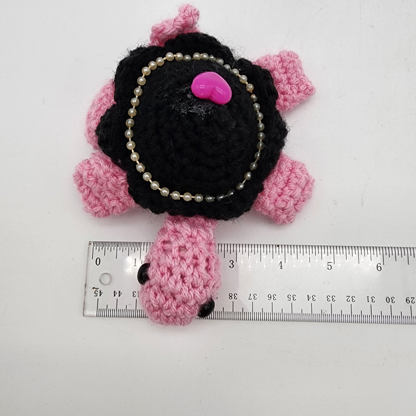Hand Crocheted Turtle Pink and Black with Pearls and Heart