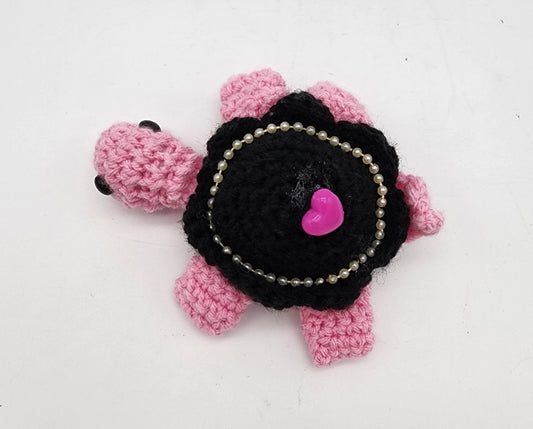 Hand Crocheted Turtle Pink and Black with Pearls and Heart