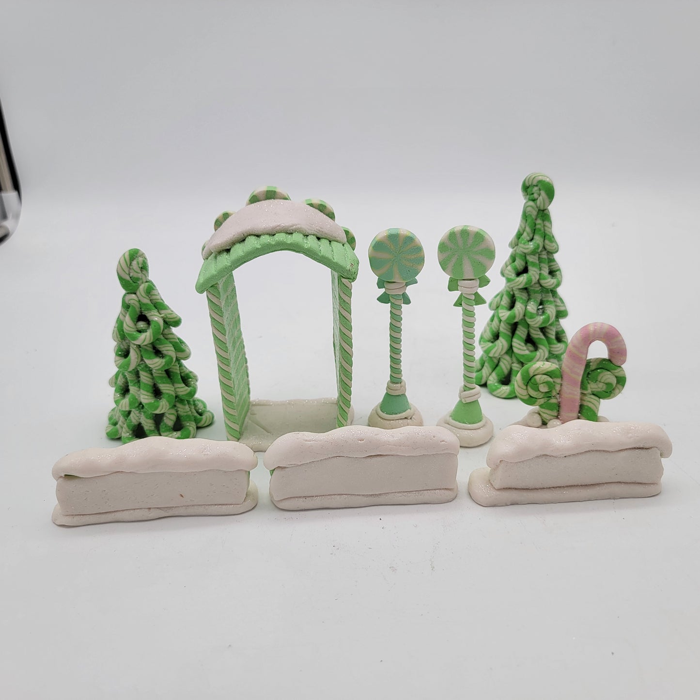 Green and White Christmas Scene with  Peppermints Candy Cane