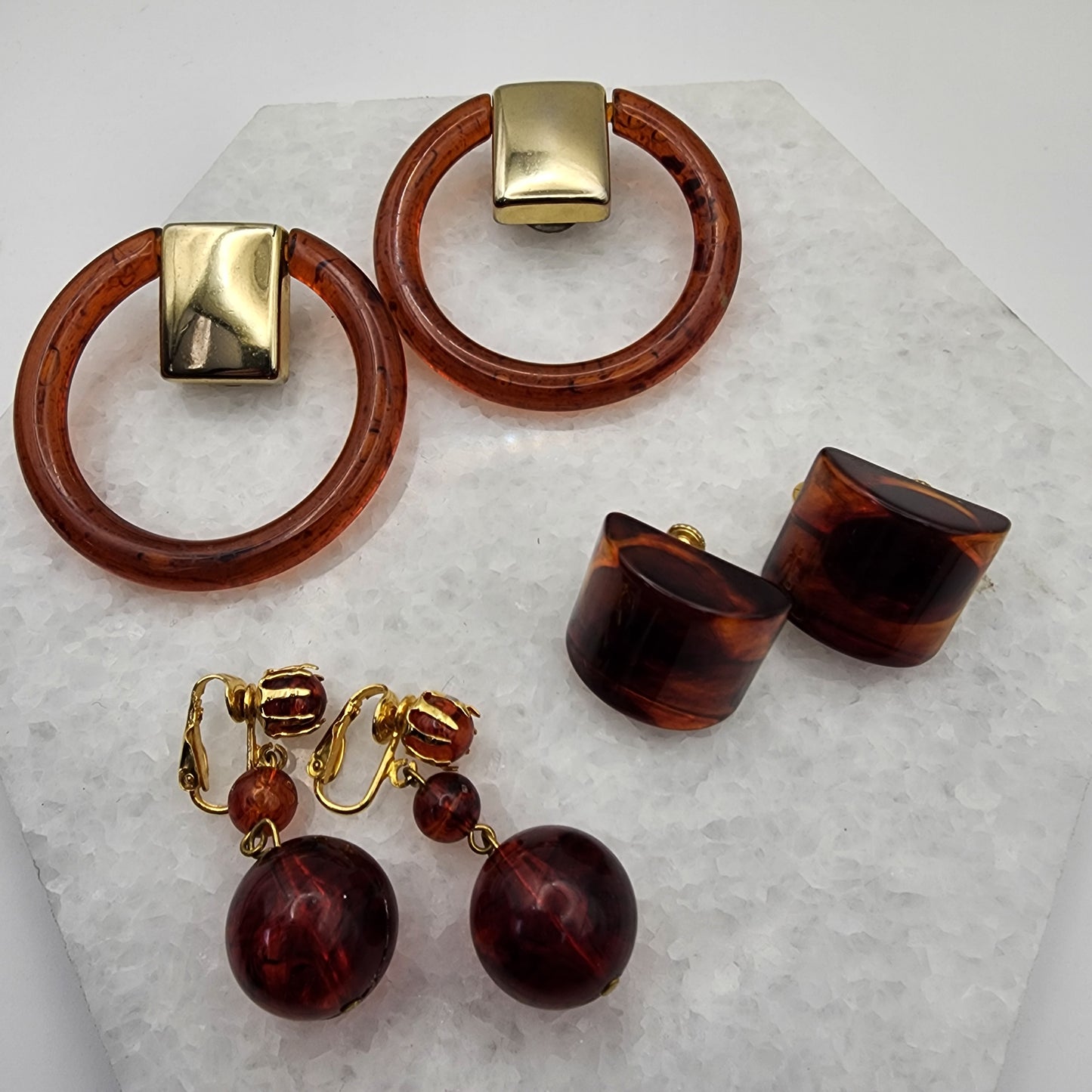 3 Pairs of Vintage Amber Lucite Earrings