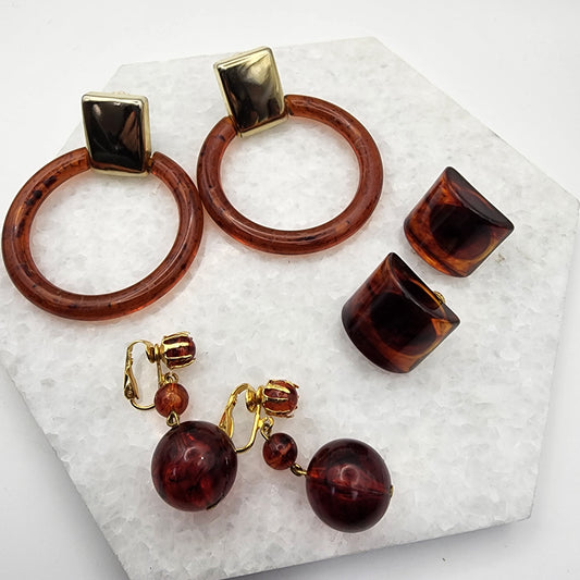 3 Pairs of Vintage Amber Lucite Earrings