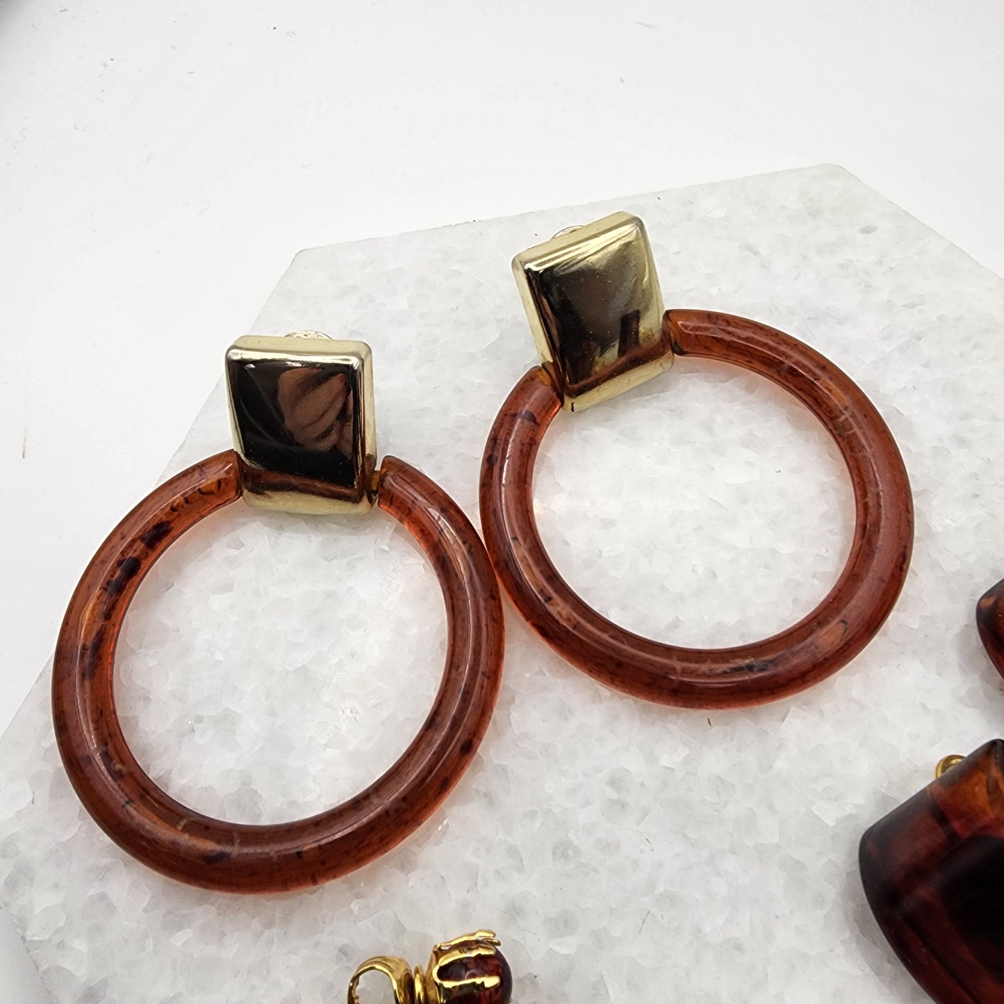 3 Pairs of Vintage Amber Lucite Earrings